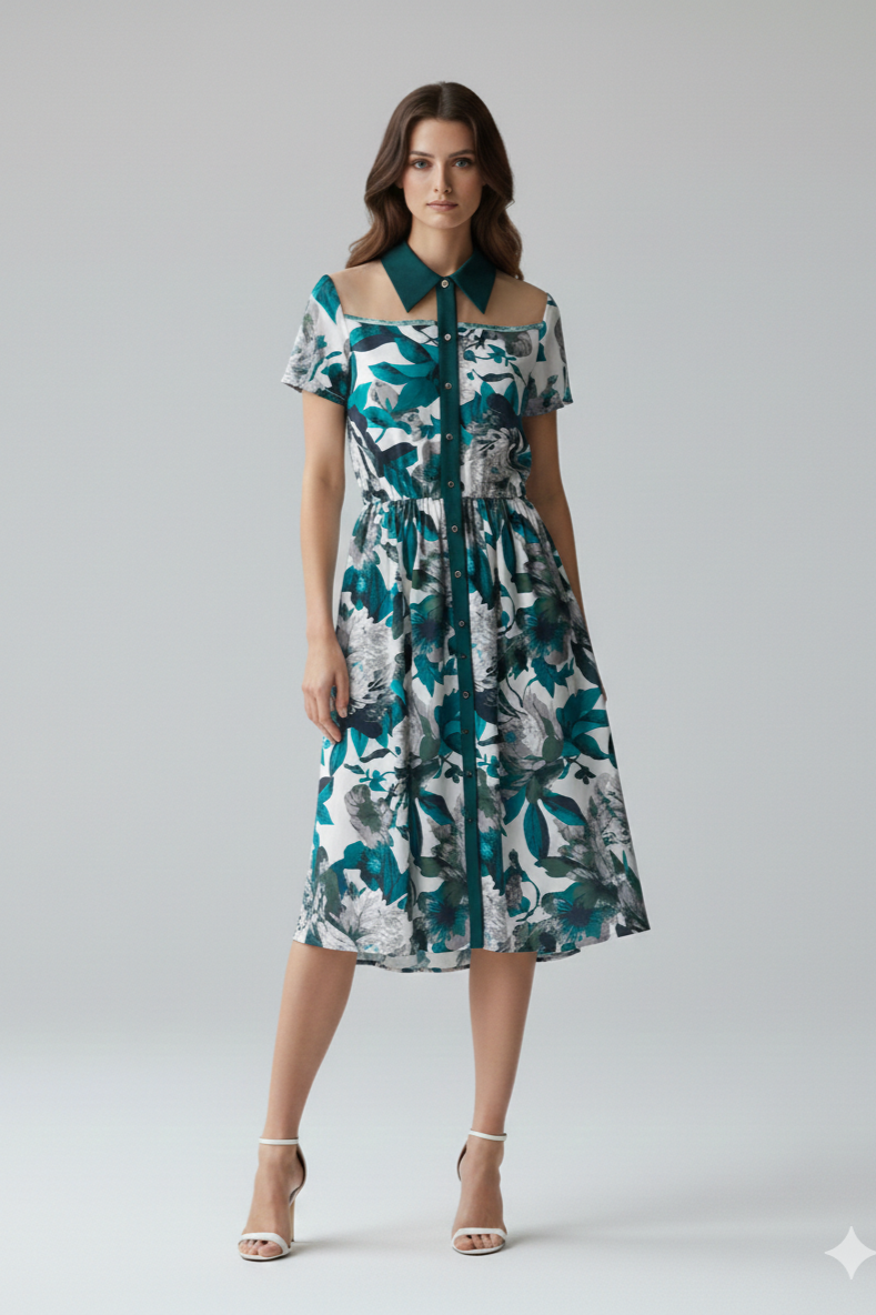 Vestido Pizarro midi de seda estampada en tonos verdes con cuello camisero y botones | Claudia Bertolero