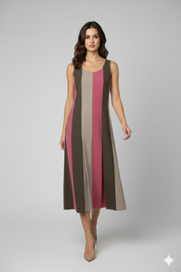 Vestido Sandra midi sin mangas en popelina con franjas verticales moka, crema y rosado | Claudia Bertolero