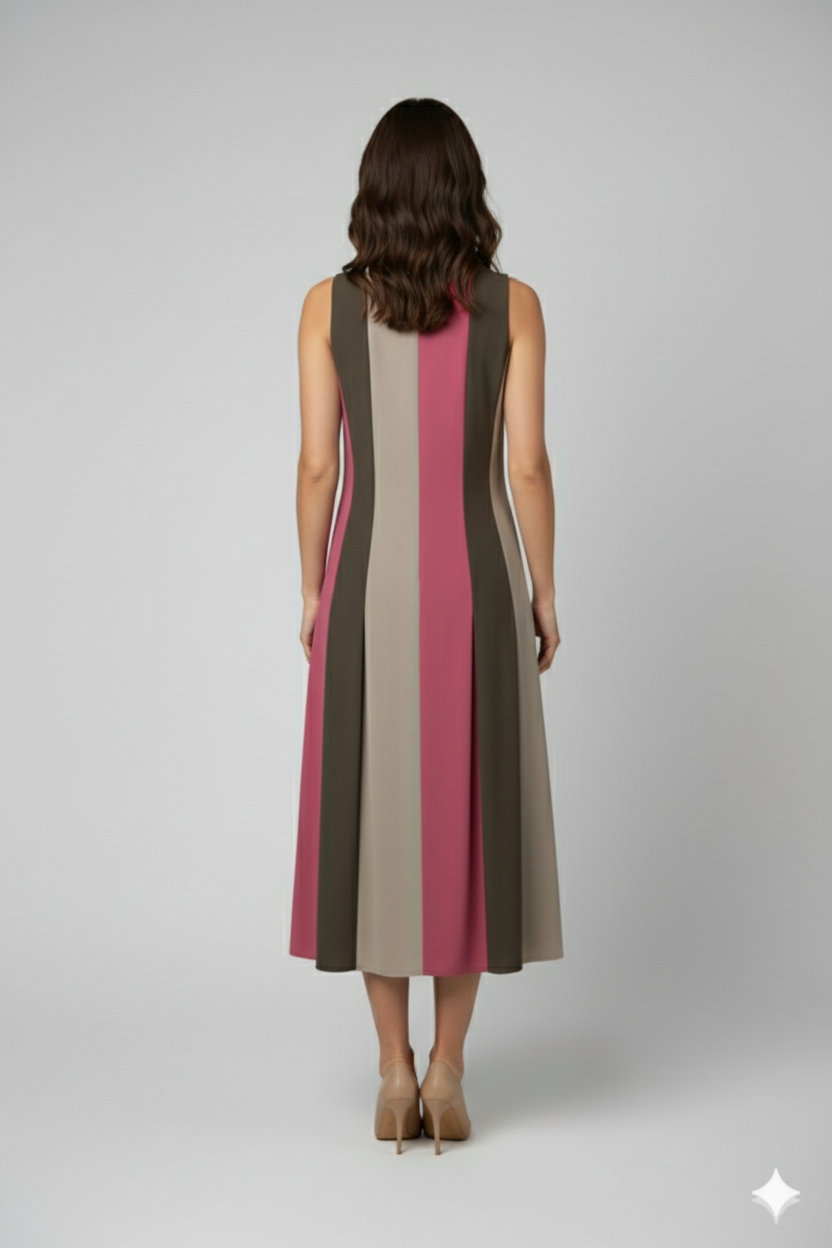 Vestido Sandra midi de popelina con diseño de franjas verticales en tonos moka y rosado vista trasera | Claudia Bertolero