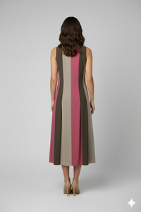 Vestido Sandra midi de popelina con diseño de franjas verticales en tonos moka y rosado vista trasera | Claudia Bertolero